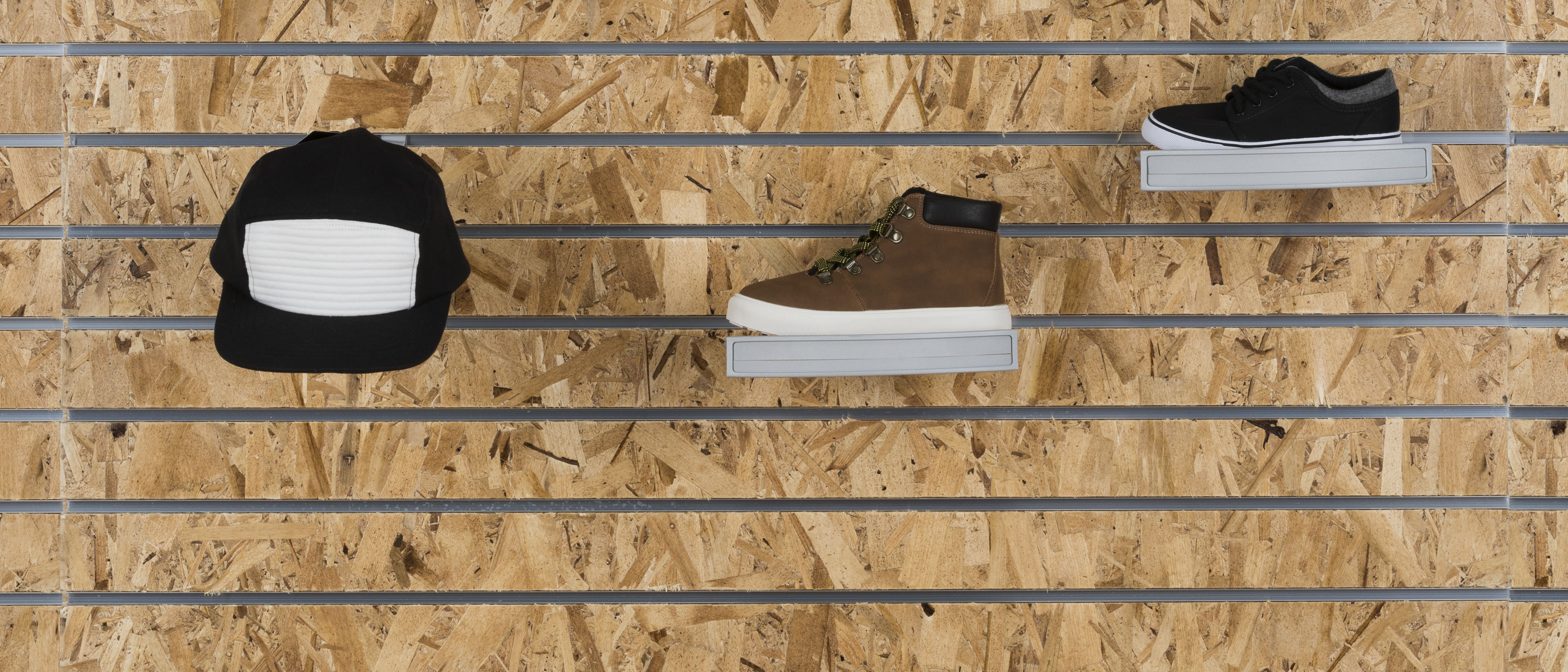 Slatwall Shoe Rack | Includes Customizable Sign Rail | Displays2Go