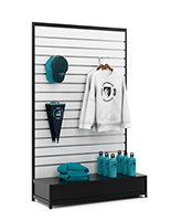Slatwall gondola shelving unit with white backwall
