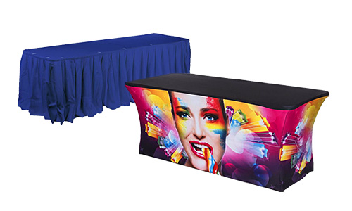 Add Decoration to your Trade Show Tables with Plain or Custom-Printed Covers, Runners, and Skirts