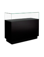 Frameless glass display cabinet with modern black base