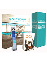 10'w custom trade show display with backwall and tower plus accessories for complete kit