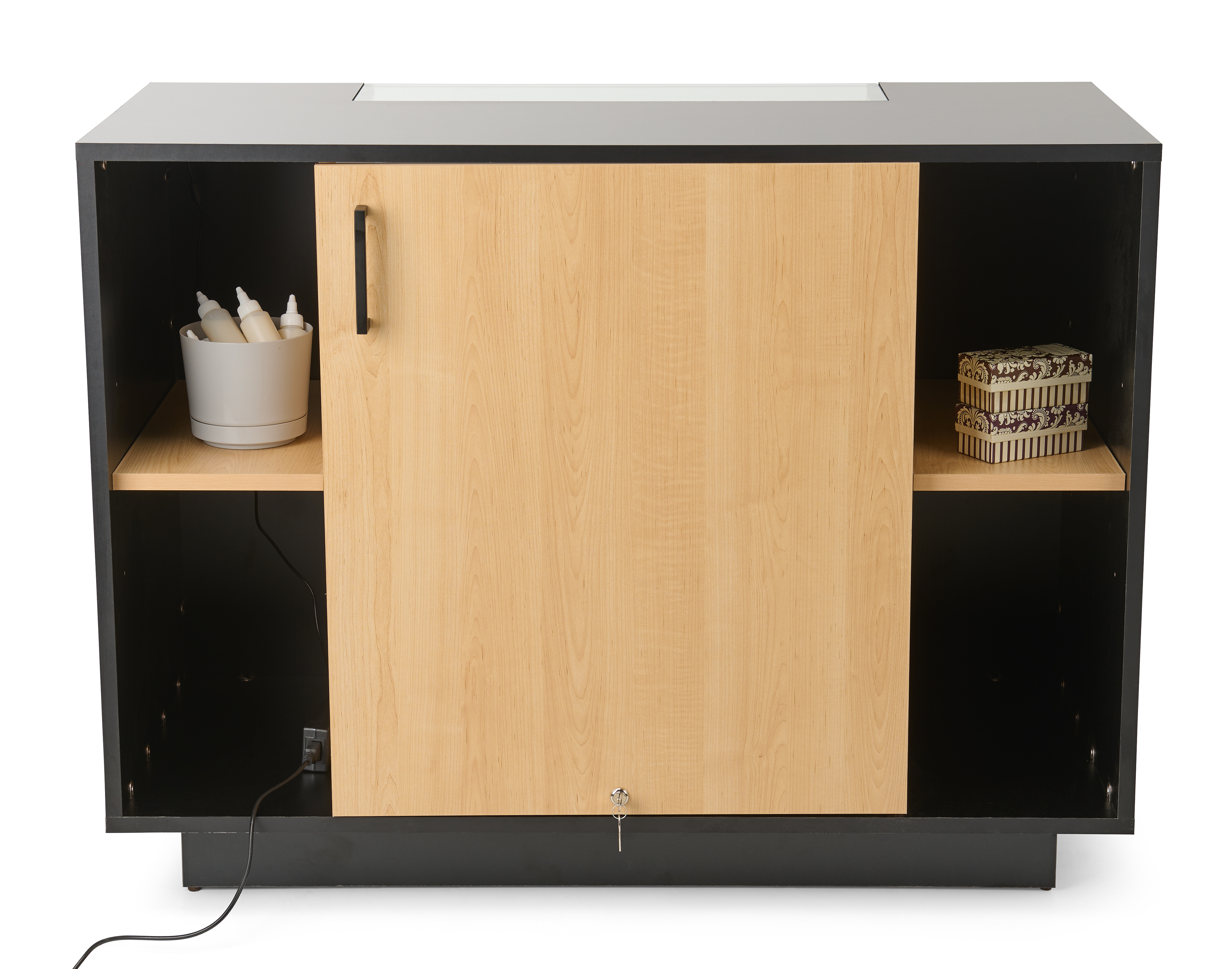 47"w Tempered Glass Showcase, LED Light Strip, Locking Door, Rear Storage - Black - Image 4