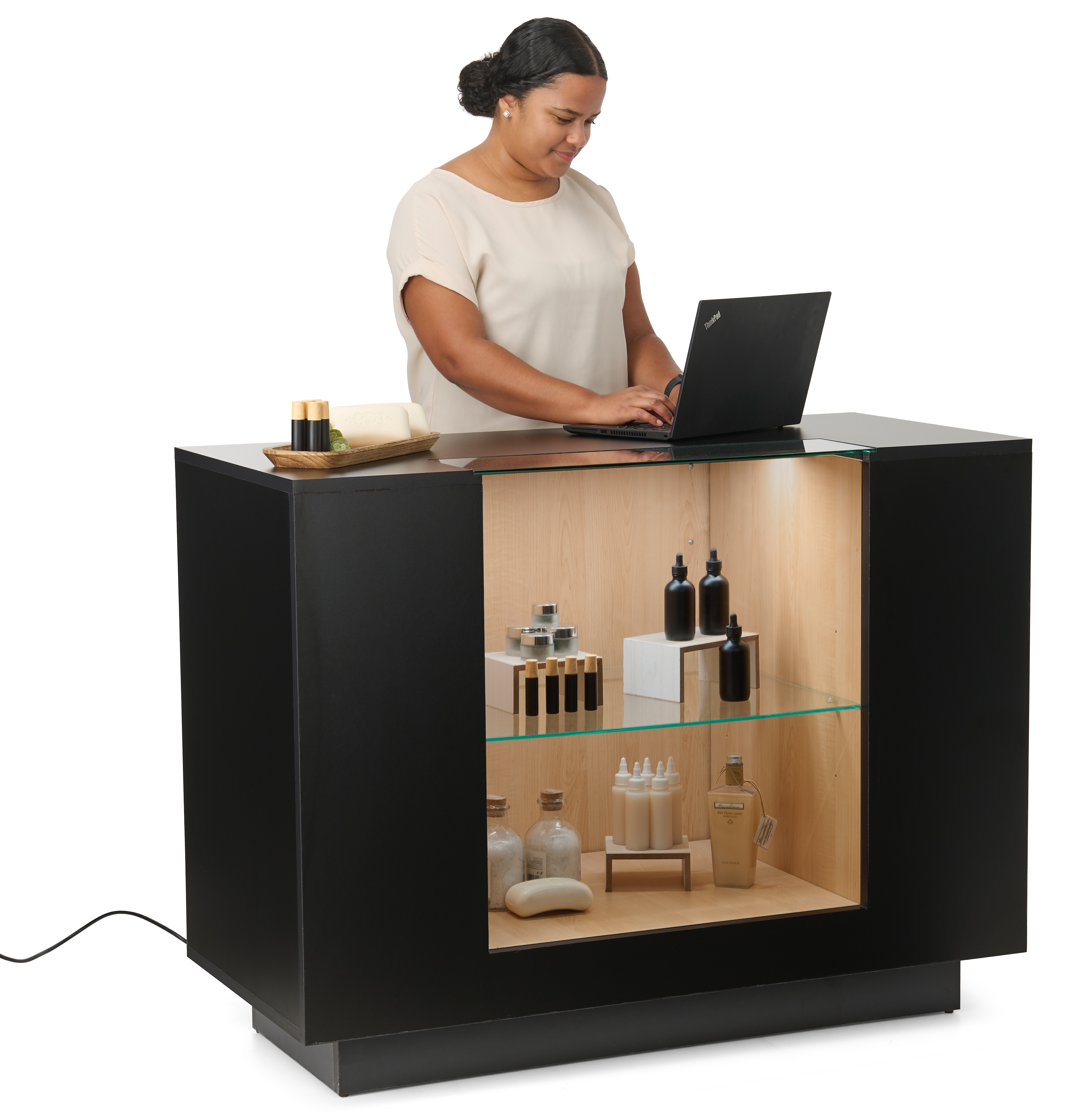 47"w Tempered Glass Showcase, LED Light Strip, Locking Door, Rear Storage - Black - Image 6