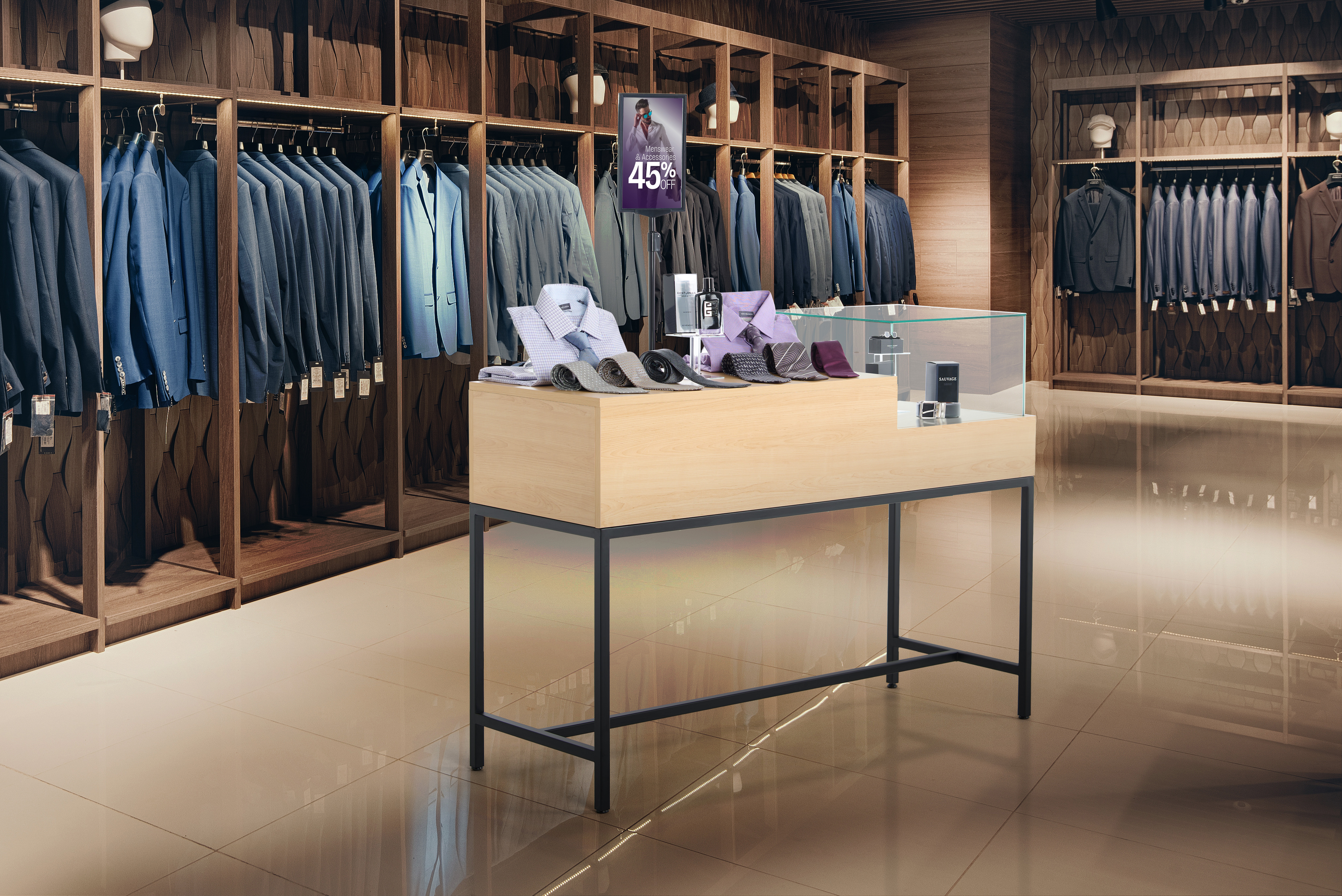 54" Retail Showcase Display Table with Tempered Glass, Locking Drawer - Maple - Image 9