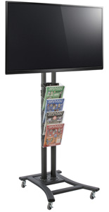 Black Plasma TV Stand with 4 Clear Literature Pockets for Retail Environments