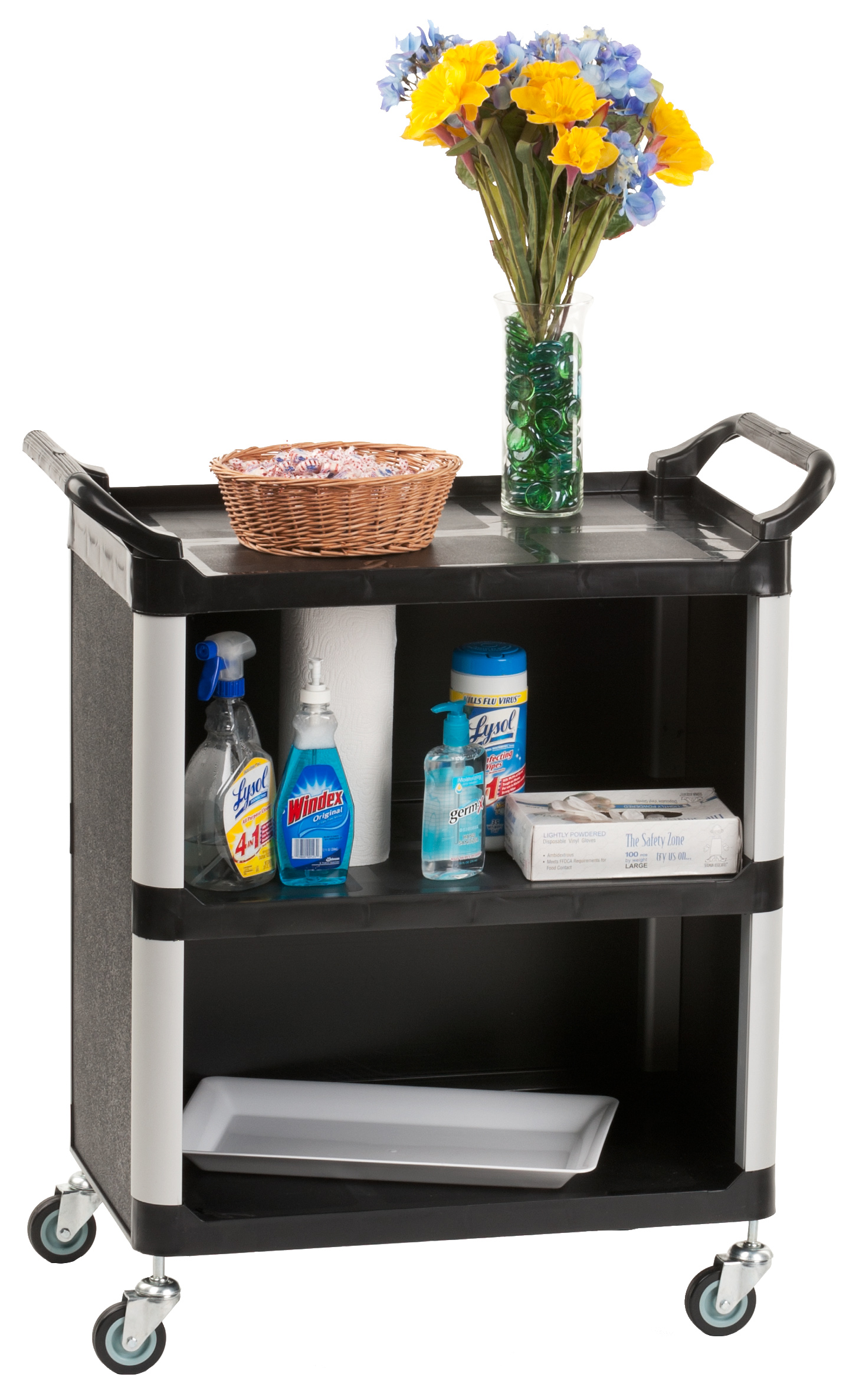 Choice Black Utility / Bussing Cart with Three Shelves - 32 x 16