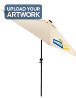 Tan Outdoor Patio Umbrella with Custom Graphics on Canopy