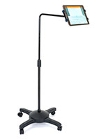 L-arm adjustable tablet holder with wheels features an angled support