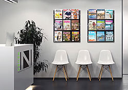 Wall mount magazine holders in a waiting room setting