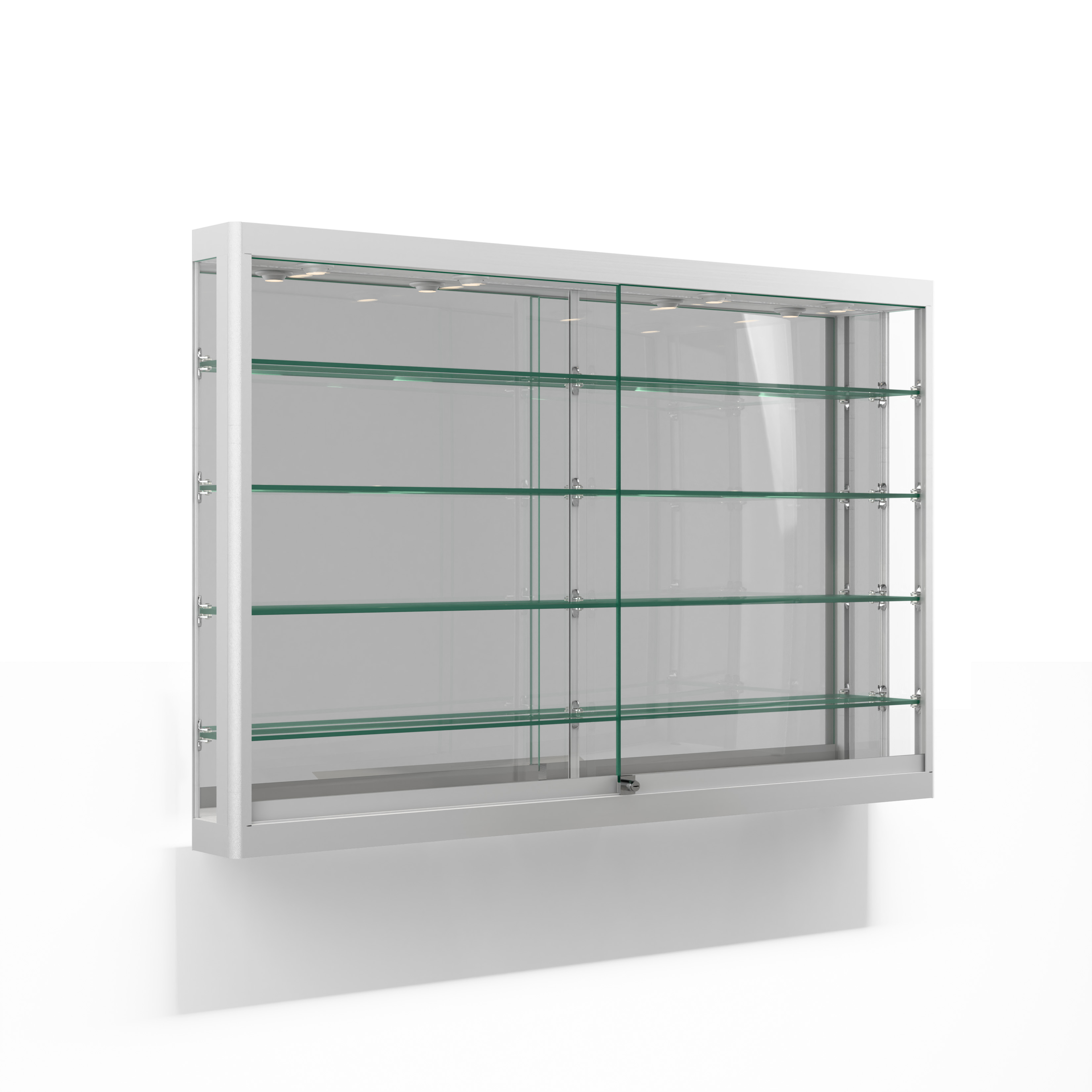 5ft. Wall Mounted Display Case w/4 Top LED Lights & Mirror Back, Locking - Silver - Image 2