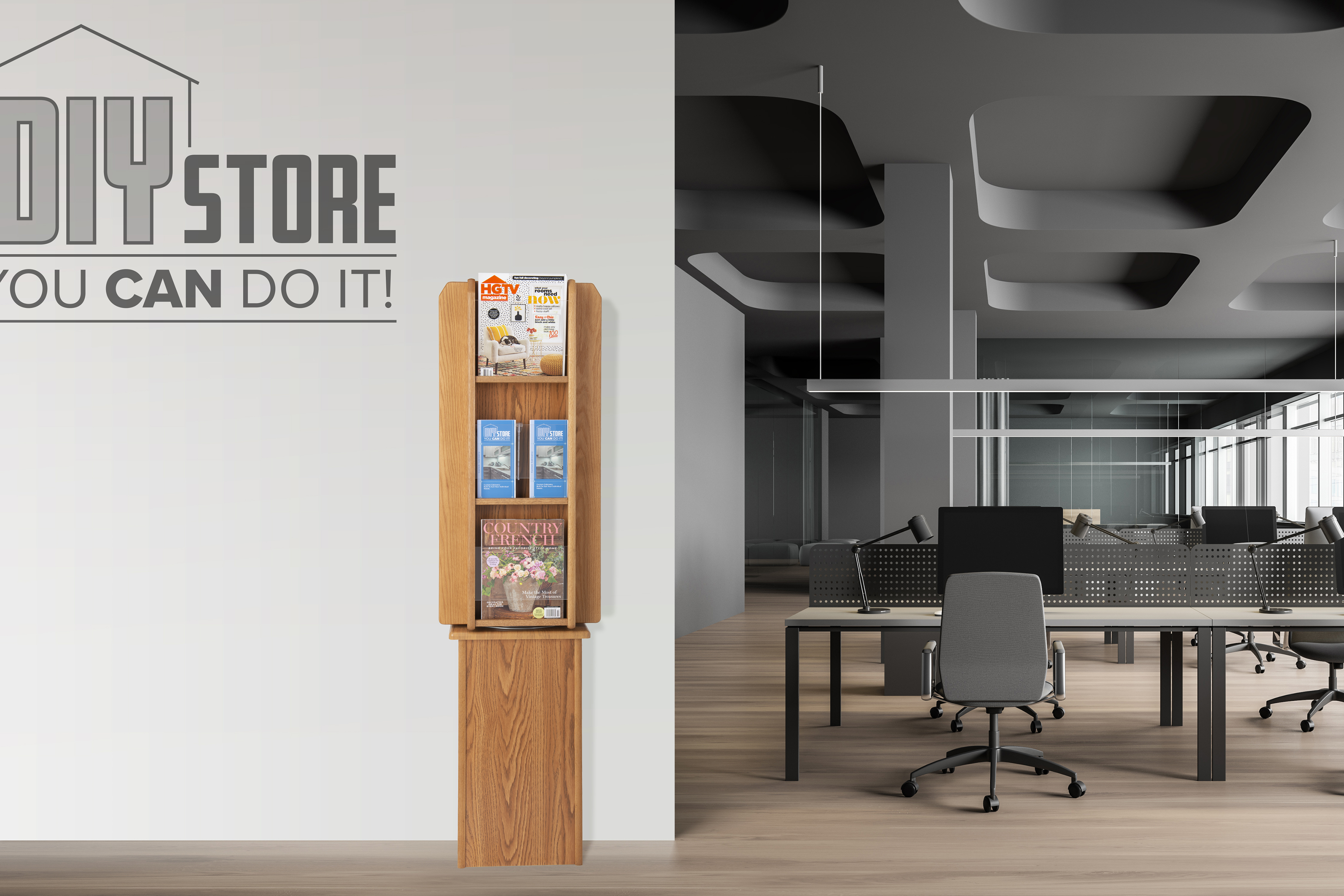 Magazine Rack In Store By Window Wood Magazine Rack, Wooden Literature Tower, Display Stand | Displays2Go