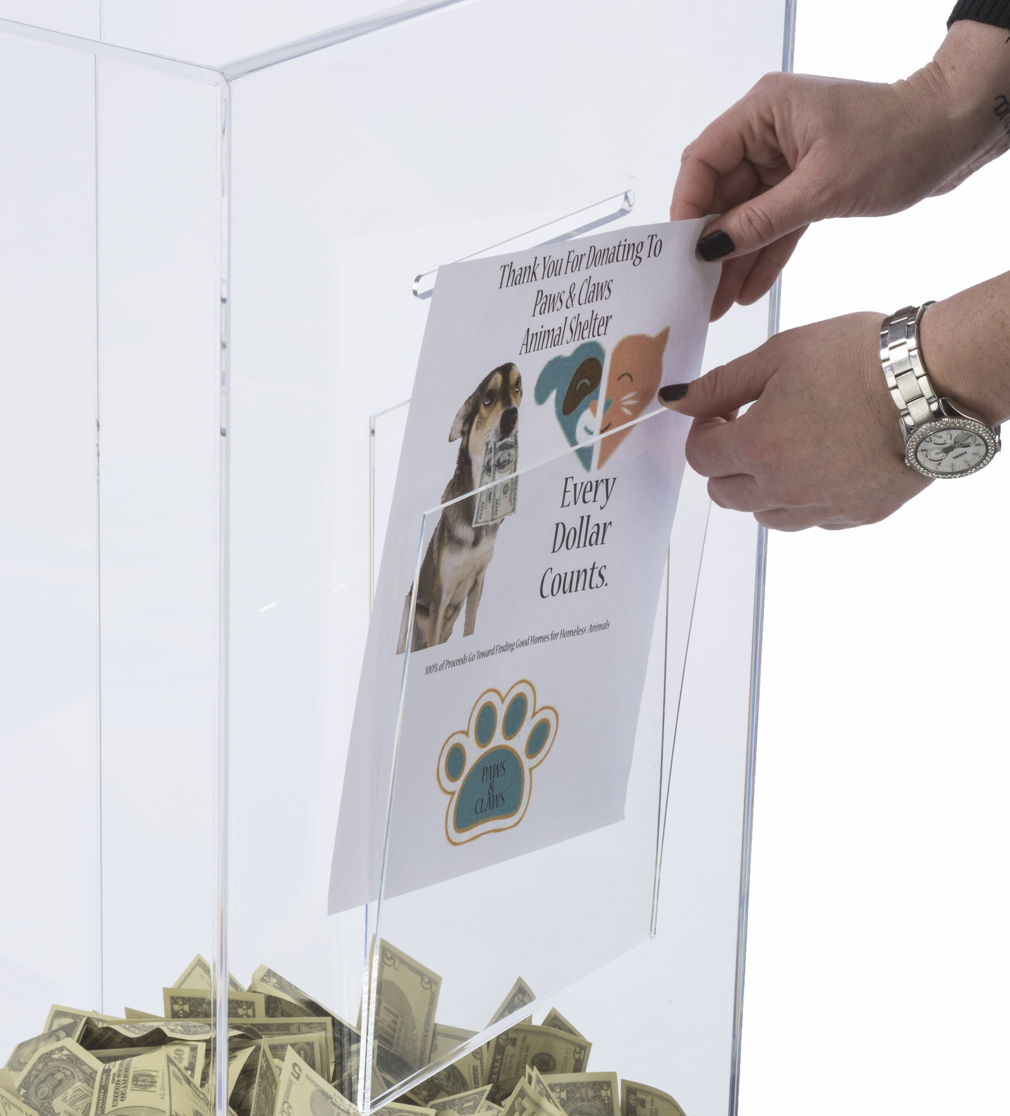 Acrylic Donation Lock Box | Mahogany Laminate MDF Base | Displays2Go