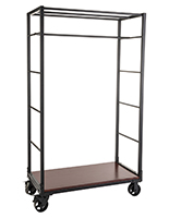Industrial wheeled garment display rack with urban pipe design