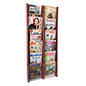 Dark wood magazine rack wall display with mahogany finish