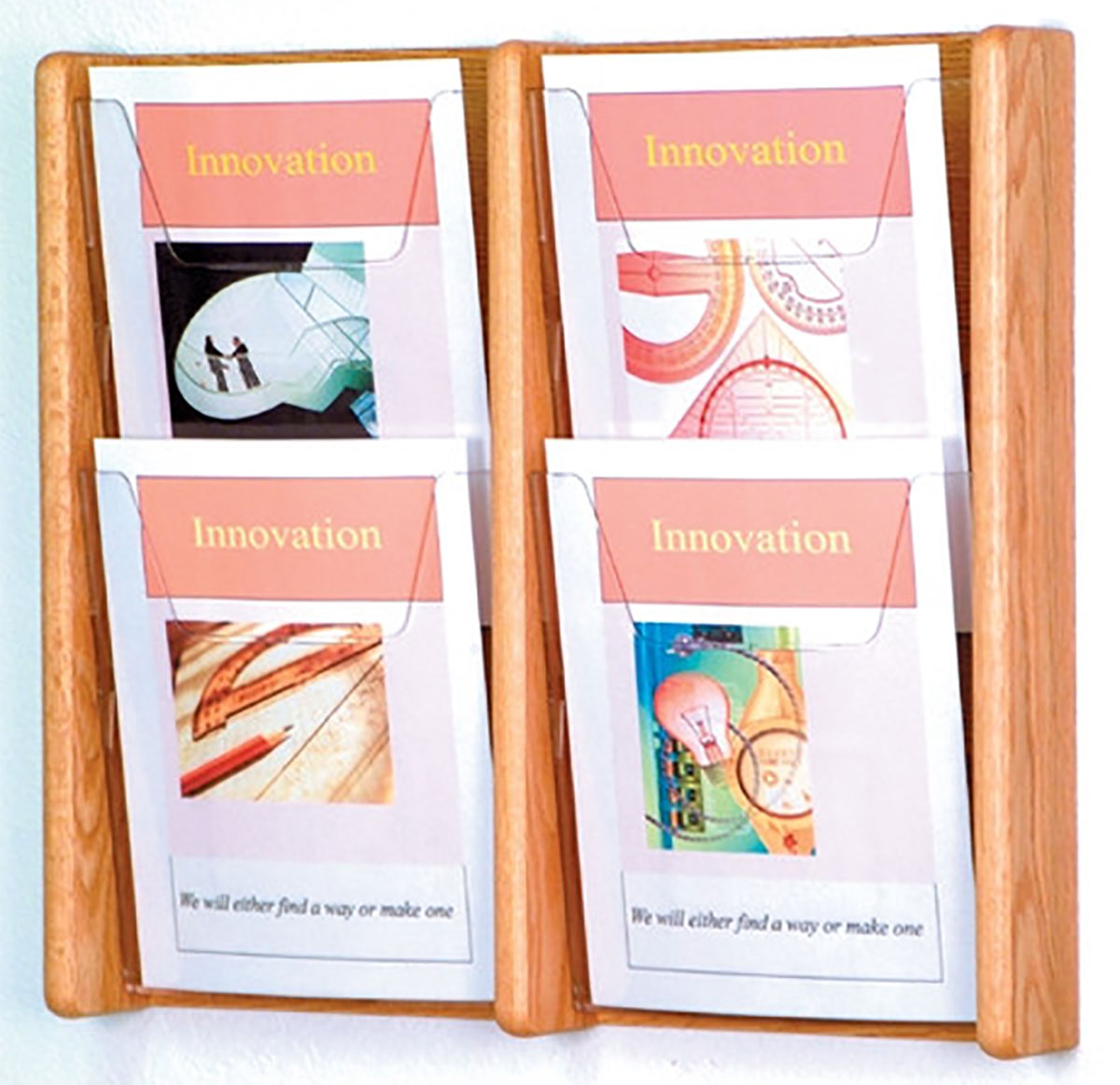 Magazine Rack Signs 4 Pocket Magazine Rack with Acrylic Front | Light Oak Wood | Displays2Go