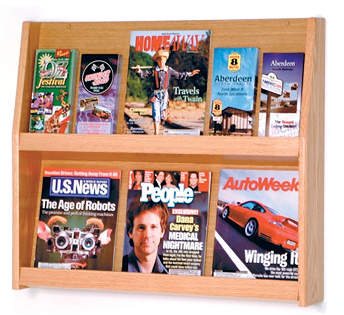 2 Shelf Magazine Rack | Light Finished Oak Wood Construction | Displays2Go