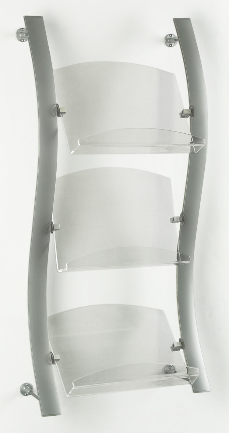 3-Tiered Metal Wall Literature Rack, 4"/8.5"w, 6-9 Pockets, Curved - Silver - Image 2