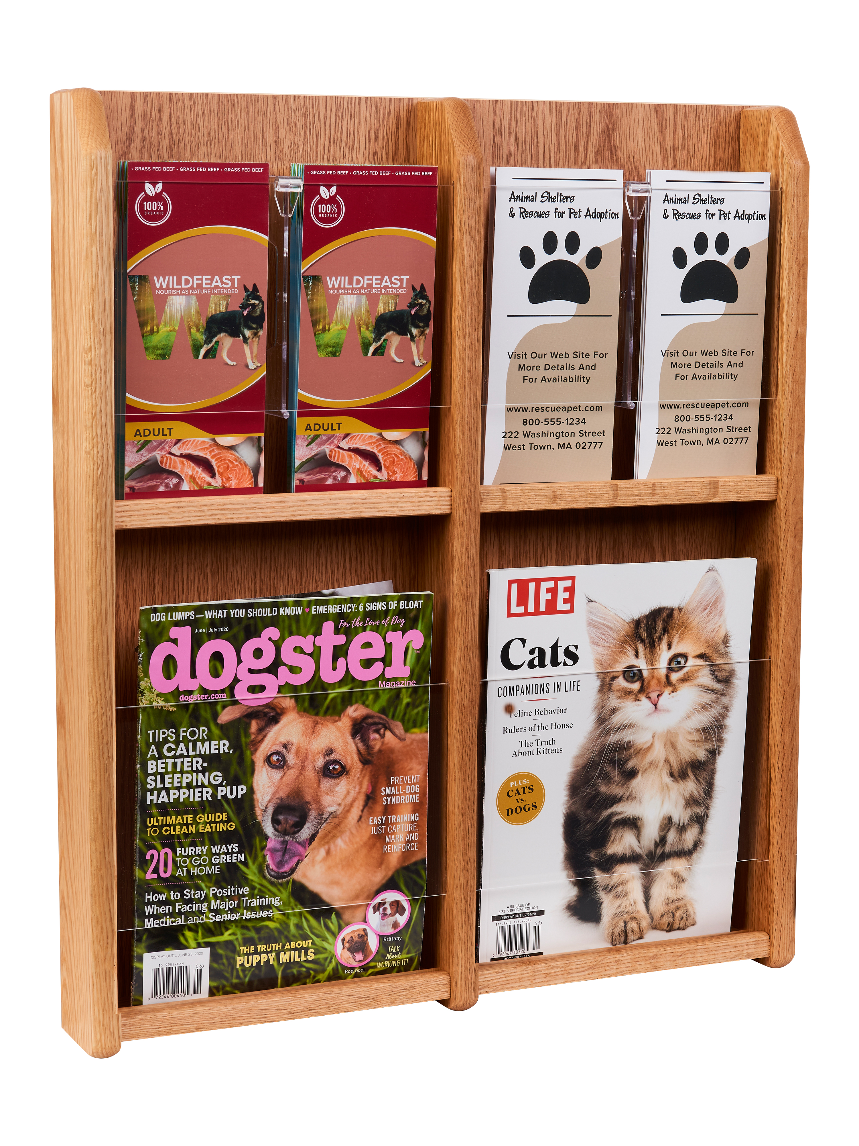4 Pocket Adjustable Magazine Holder | Light Oak Finish | Displays2Go