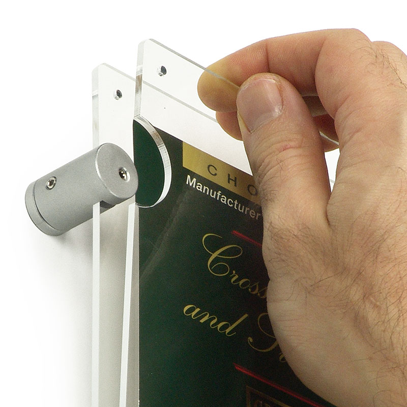 Popular poster holders with side-mounted standoffs enable fast changes
