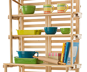 Wood shelf stand with kitchen accessories