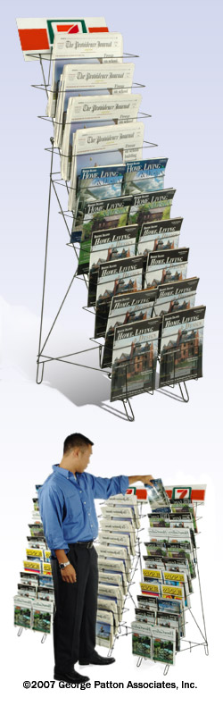 Displays2go Tiered Black Wire Magazine Rack Free Standing Floor Fixture with 20 Stacked Pockets Sign Slot WRF10T19