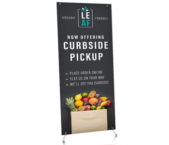 X-Frame banner stand with custom printed graphics.