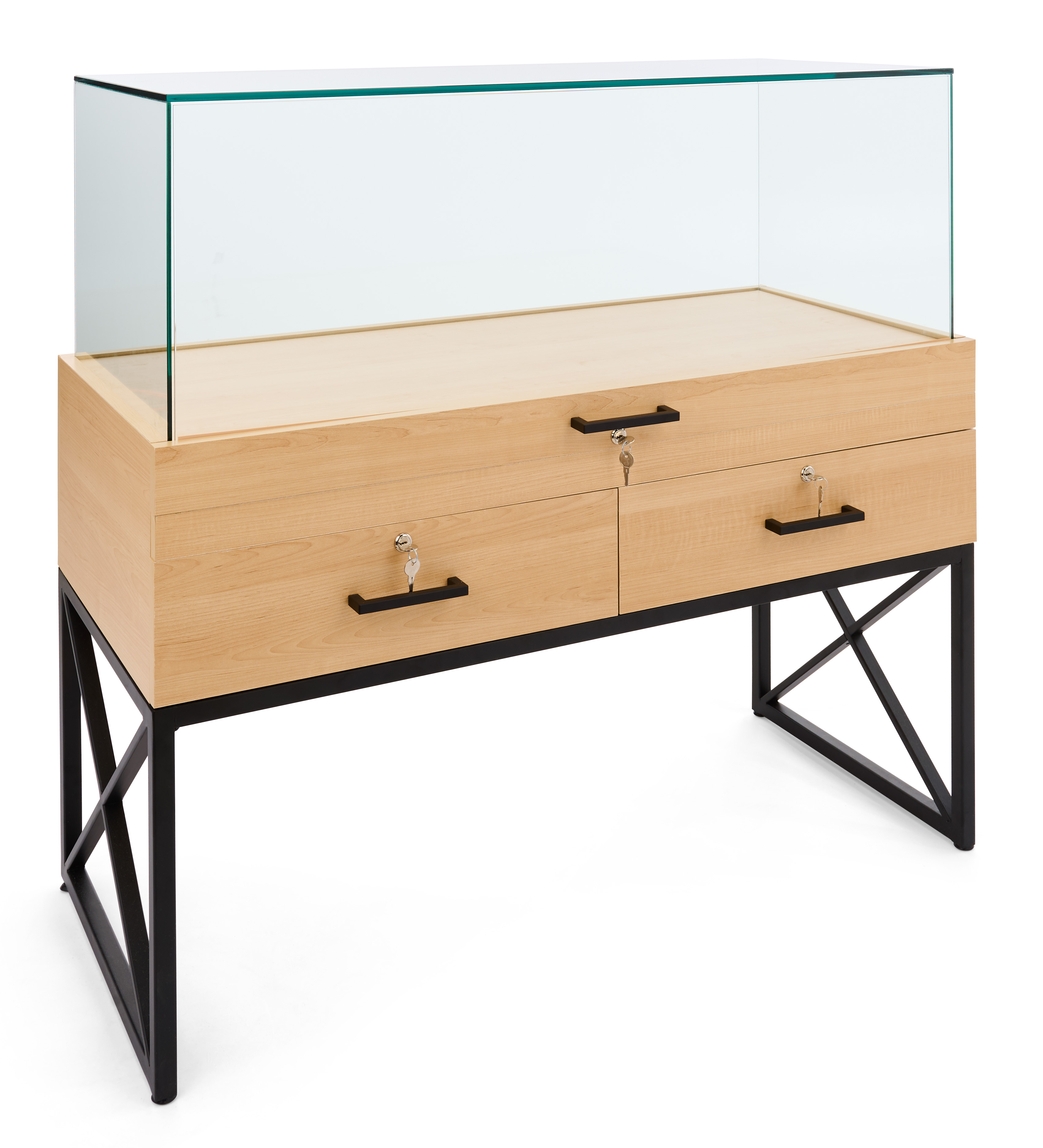 45" Glass Display Case with Locking Drawers, Frameless, Ships Assembled - Wood Grain - Image 2