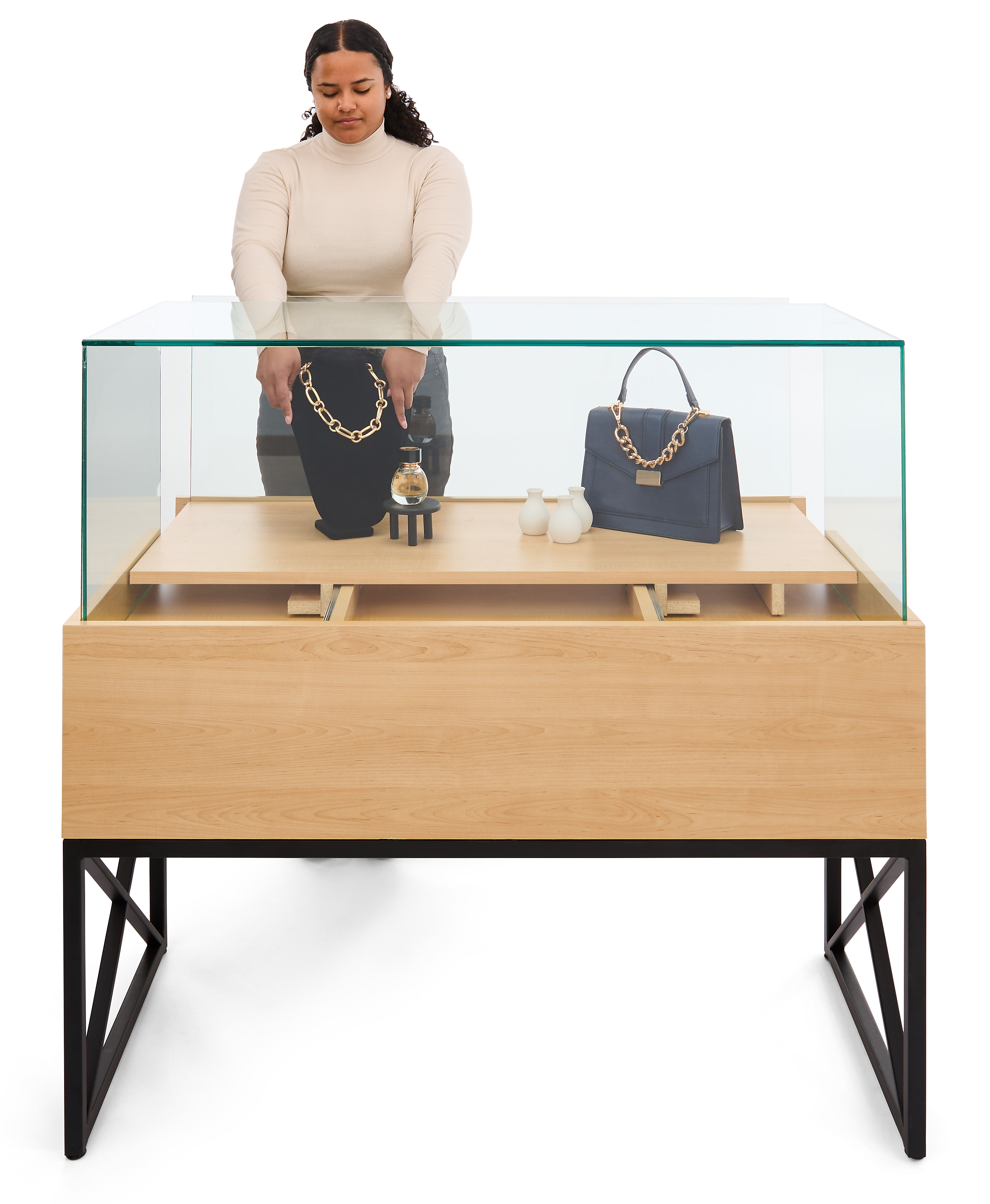 45" Glass Display Case with Locking Drawers, Frameless, Ships Assembled - Wood Grain - Image 7