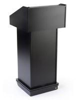 Black podium fixture with cable cutouts for audio equipment