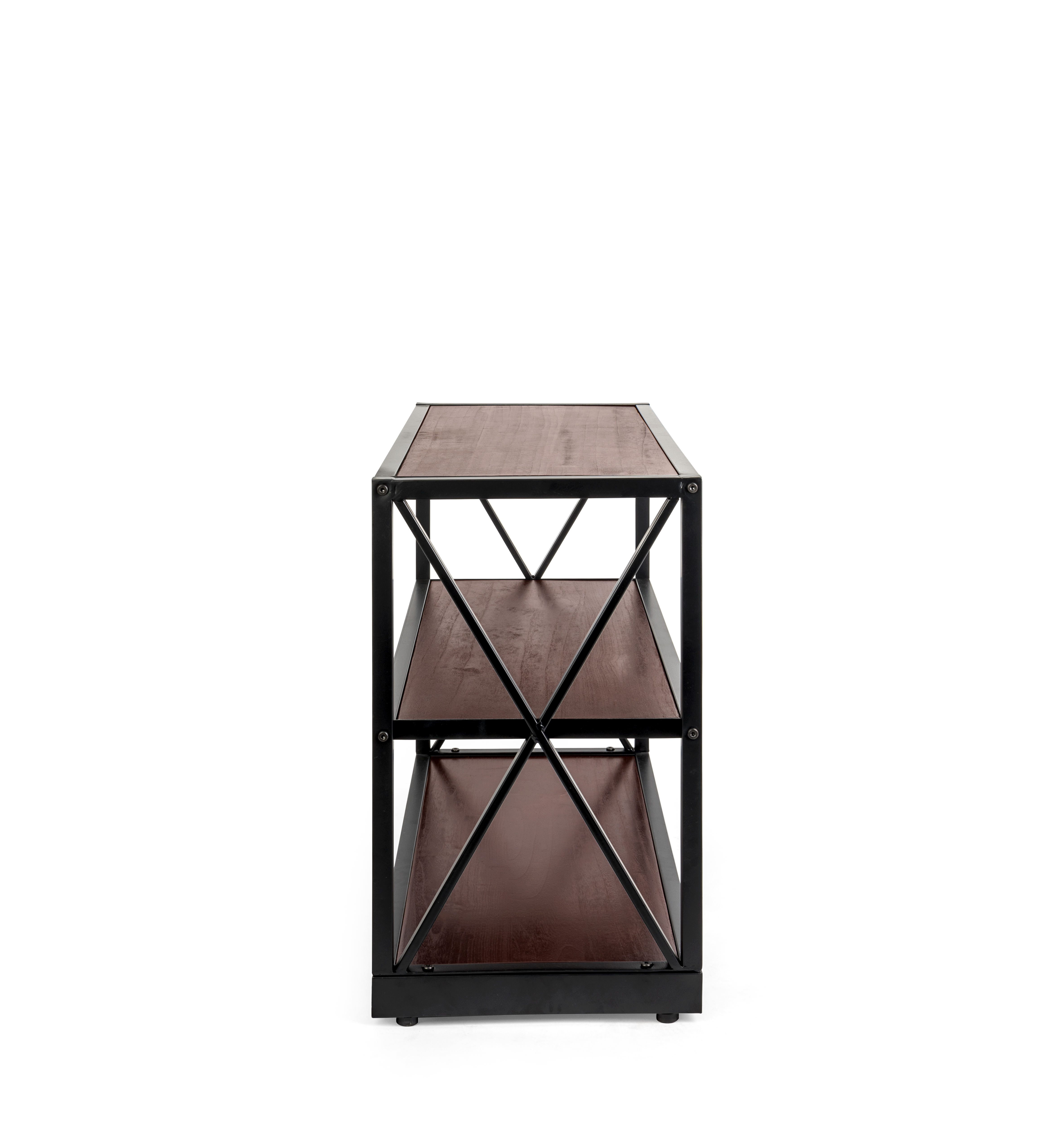 Steel Frame X-Sided Shelving Unit with 3 Solid Wood Tiers, Open Back - Dark Brown - Image 3