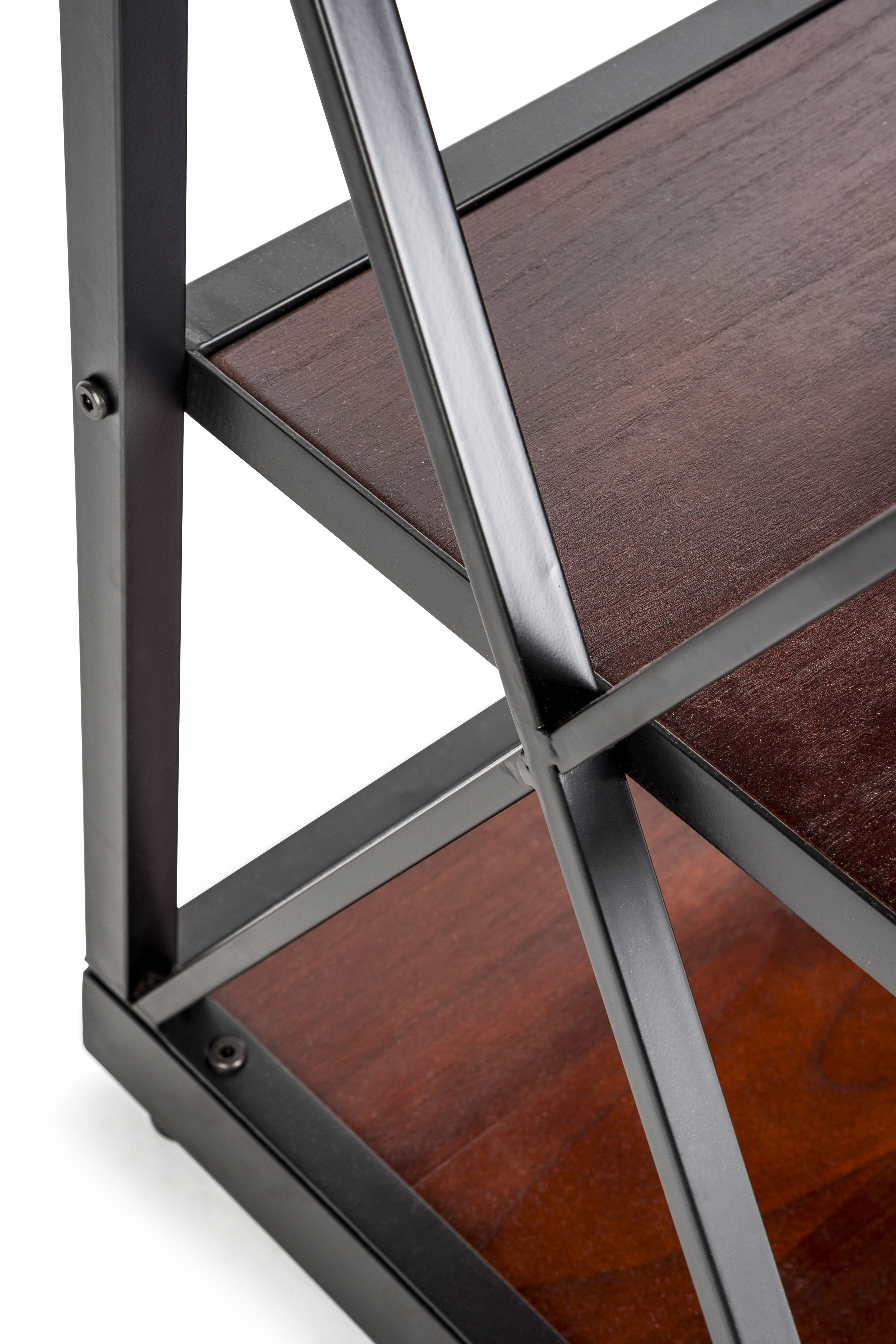 Steel Frame X-Sided Shelving Unit with 3 Solid Wood Tiers, Open Back - Dark Brown - Image 4