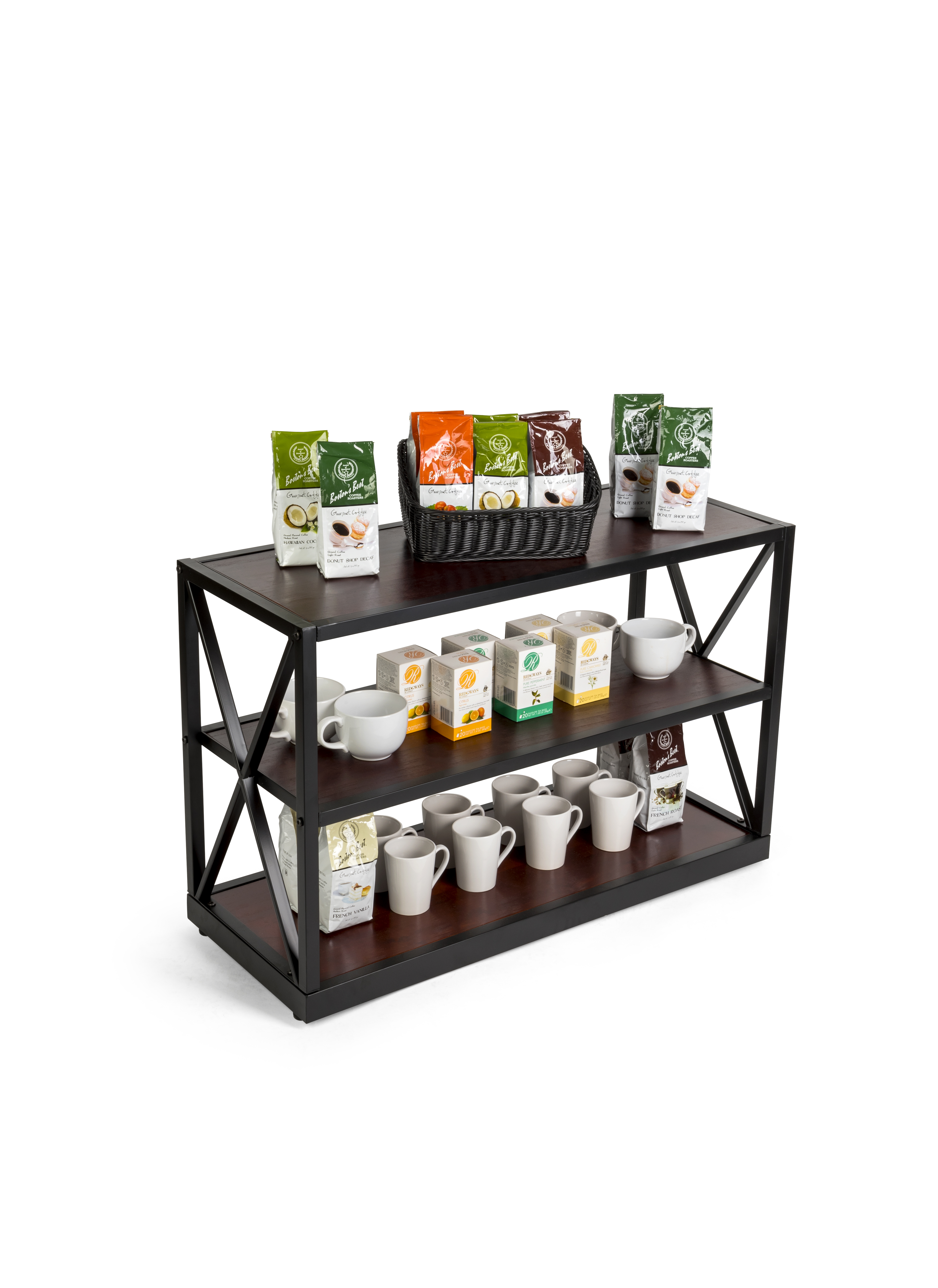 Steel Frame X-Sided Shelving Unit with 3 Solid Wood Tiers, Open Back - Dark Brown - Image 6