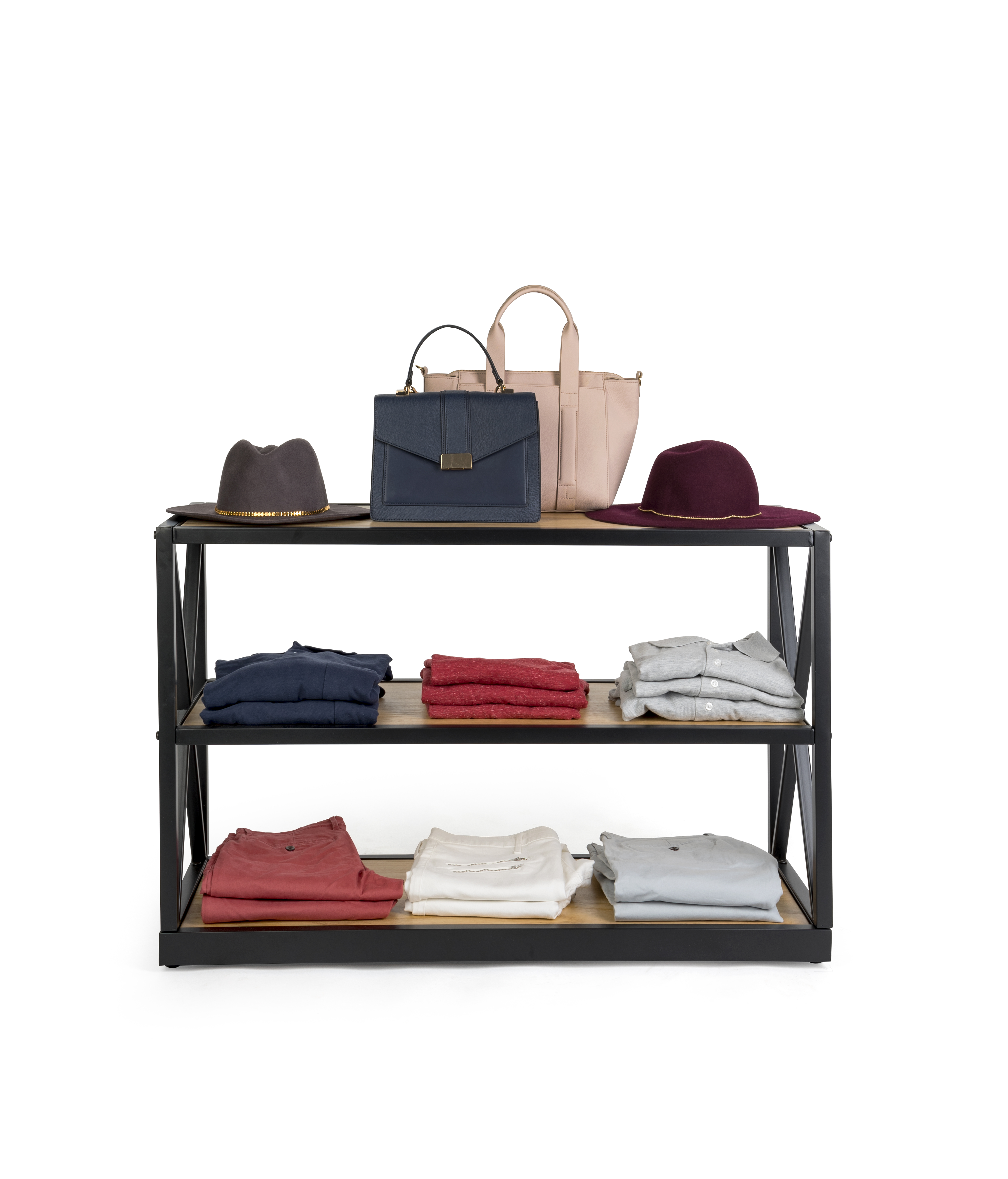 Steel Frame X-Sided Shelving Unit with 3 Solid Wood Tiers, Open Back - Natural - Image 5