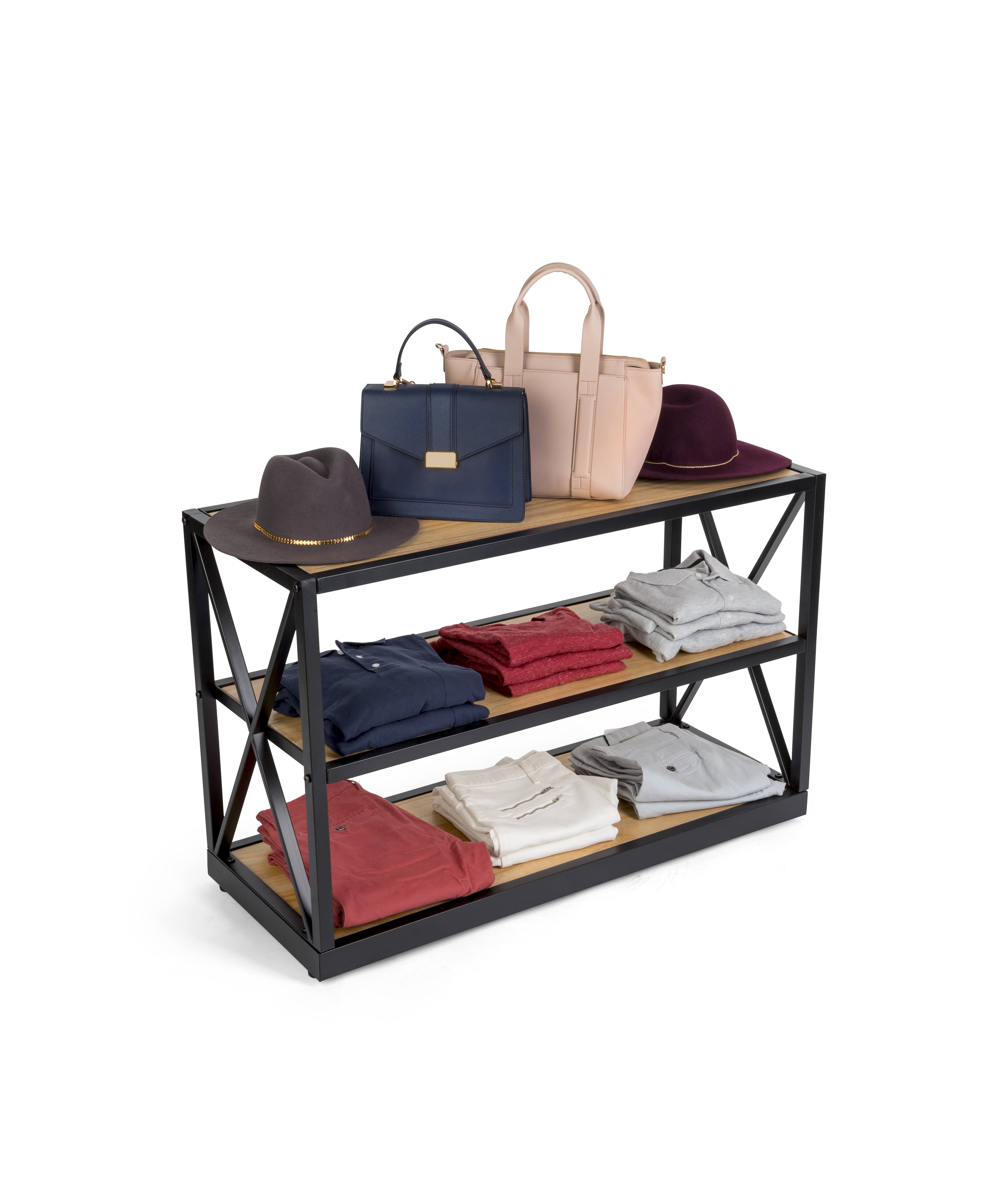 Steel Frame X-Sided Shelving Unit with 3 Solid Wood Tiers, Open Back - Natural - Image 6