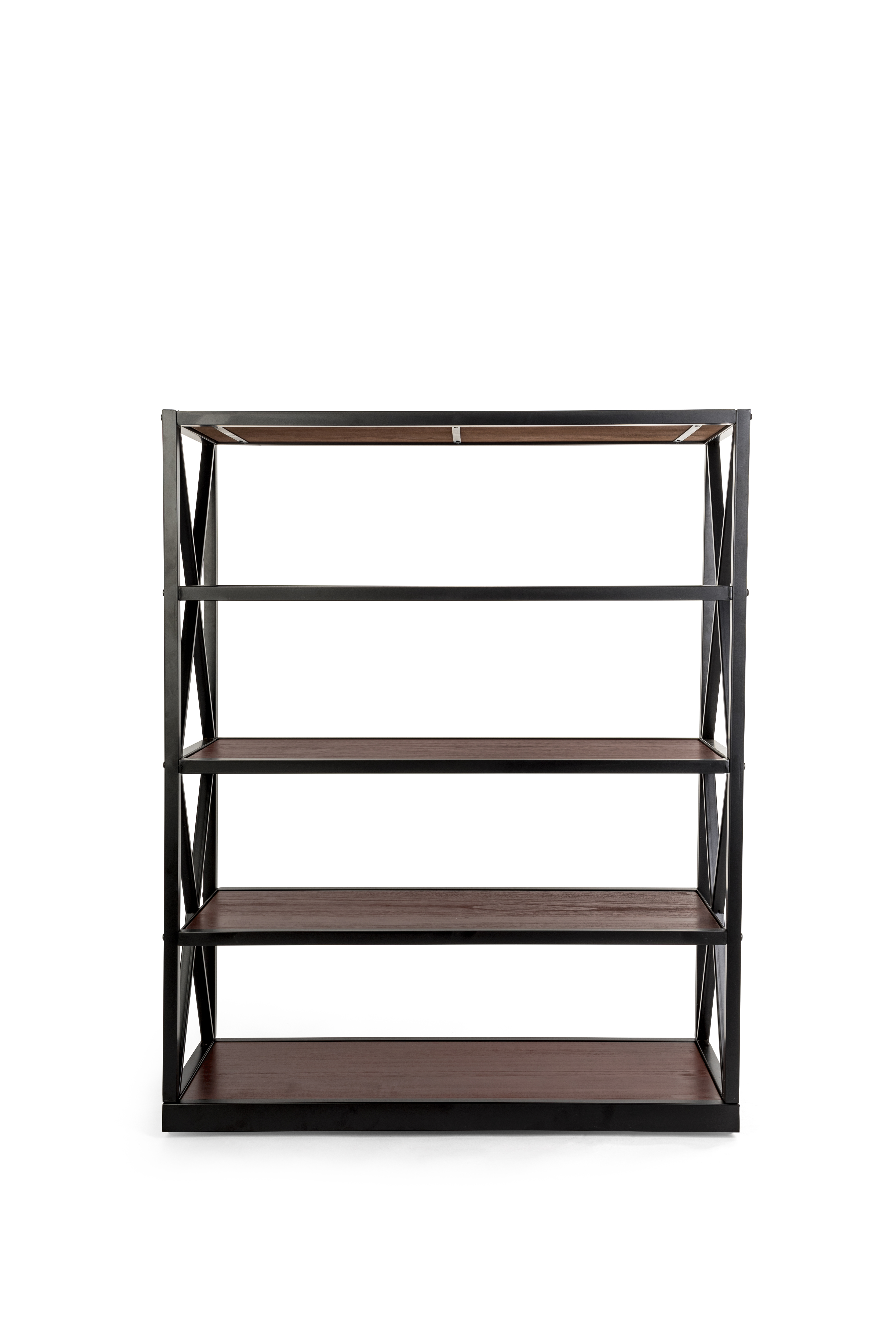 Steel Frame X-Sided Shelving Unit with 5 Solid Wood Tiers, Open Back - Dark Brown - Image 2