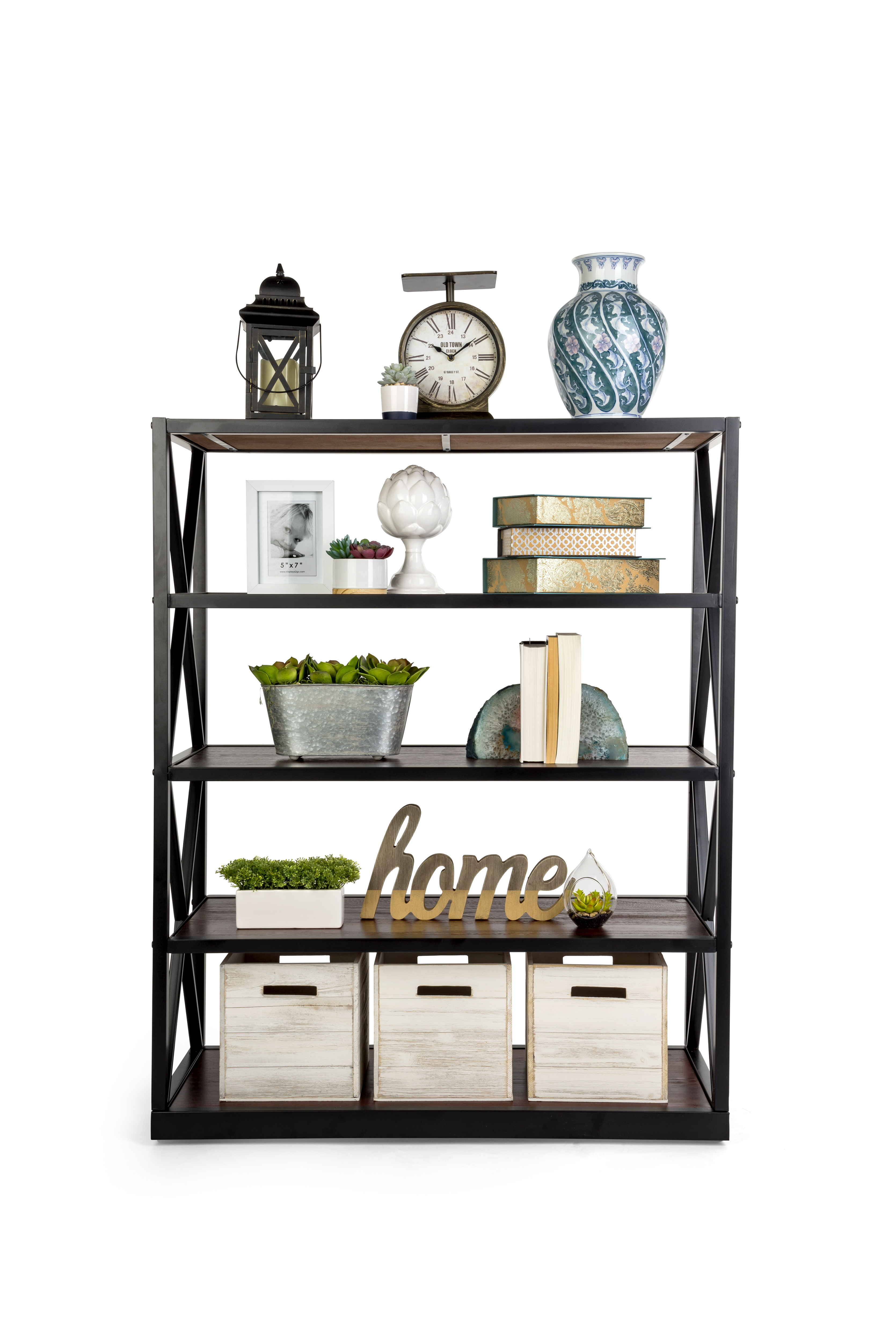 Square Black Wall Unit with Shelves Metal and Wood Multi Section