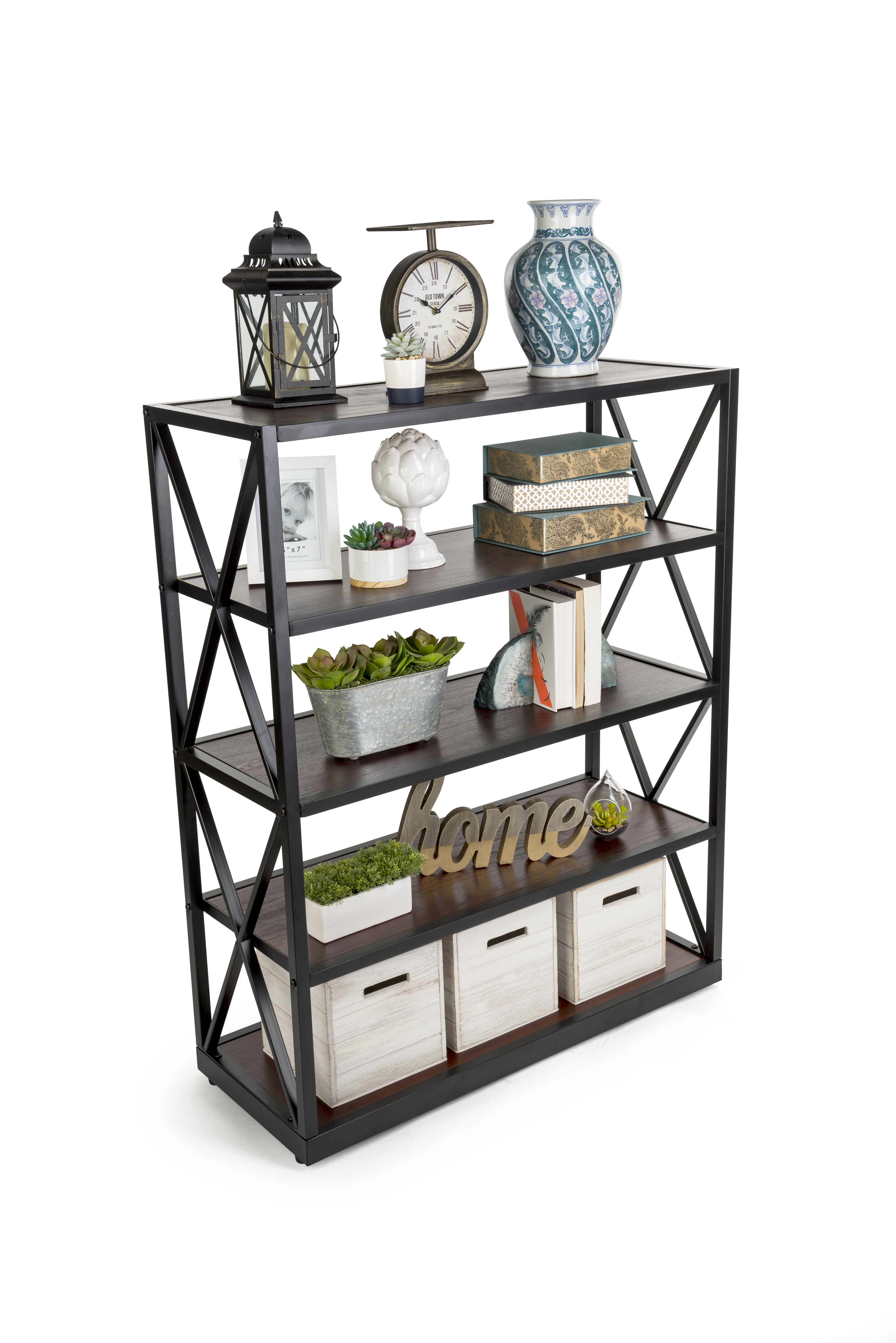 Steel Frame X-Sided Shelving Unit with 5 Solid Wood Tiers, Open Back - Dark Brown - Image 6