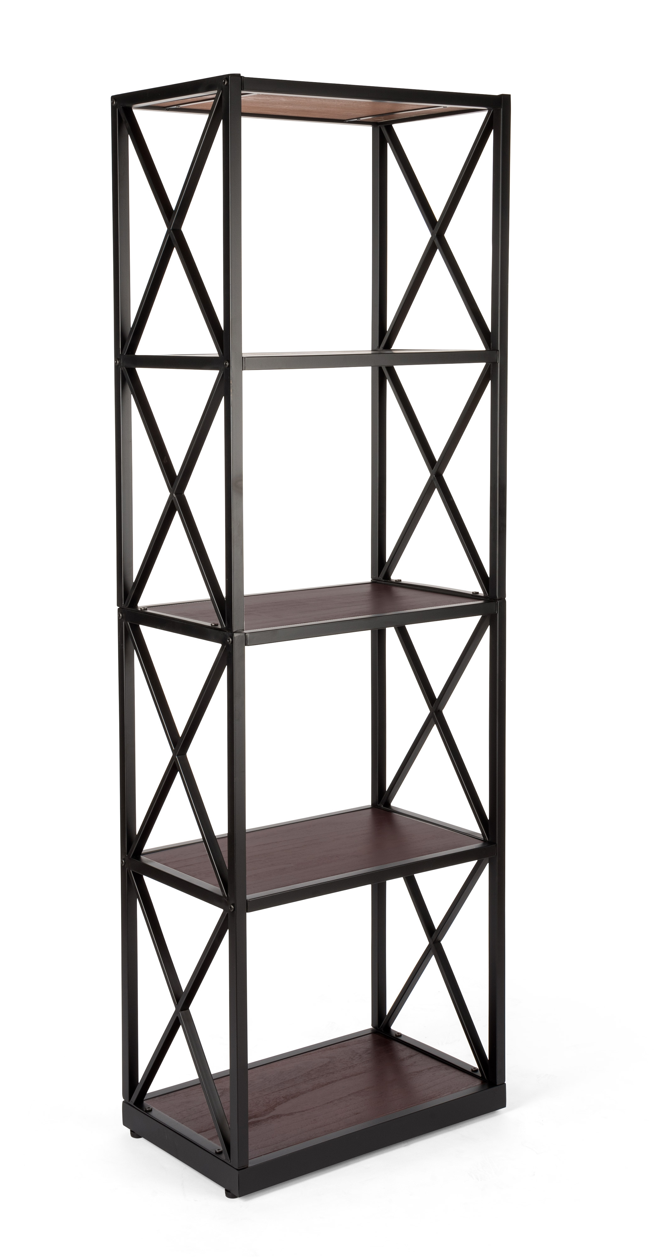 Tall Steel Frame X-Sided Shelving Unit with 5 Solid Wood Tiers - Dark Brown - Image 2