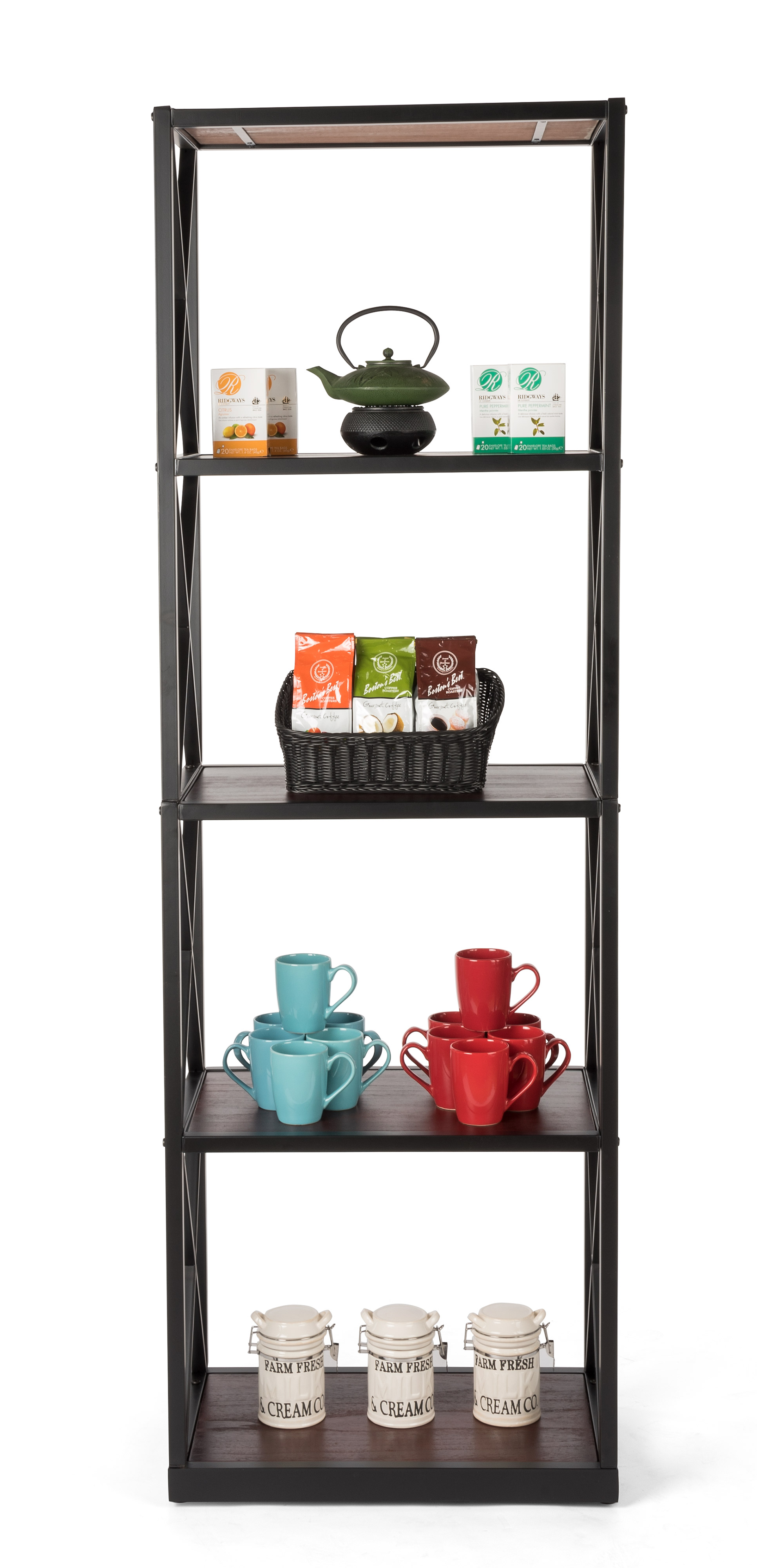Tall Steel Frame X-Sided Shelving Unit with 5 Solid Wood Tiers - Dark Brown - Image 3