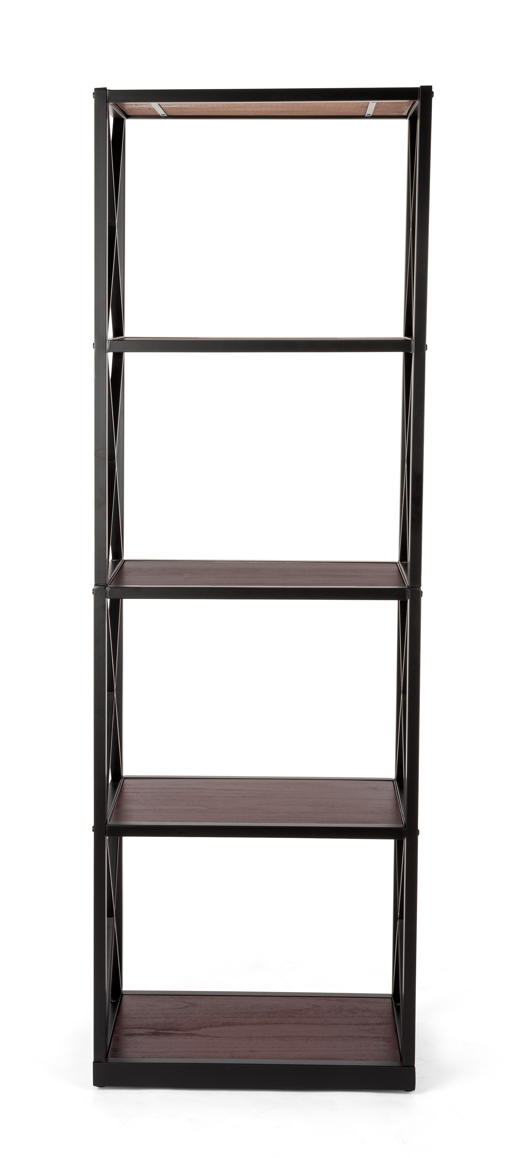 Tall Steel Frame X-Sided Shelving Unit with 5 Solid Wood Tiers - Dark Brown - Image 4