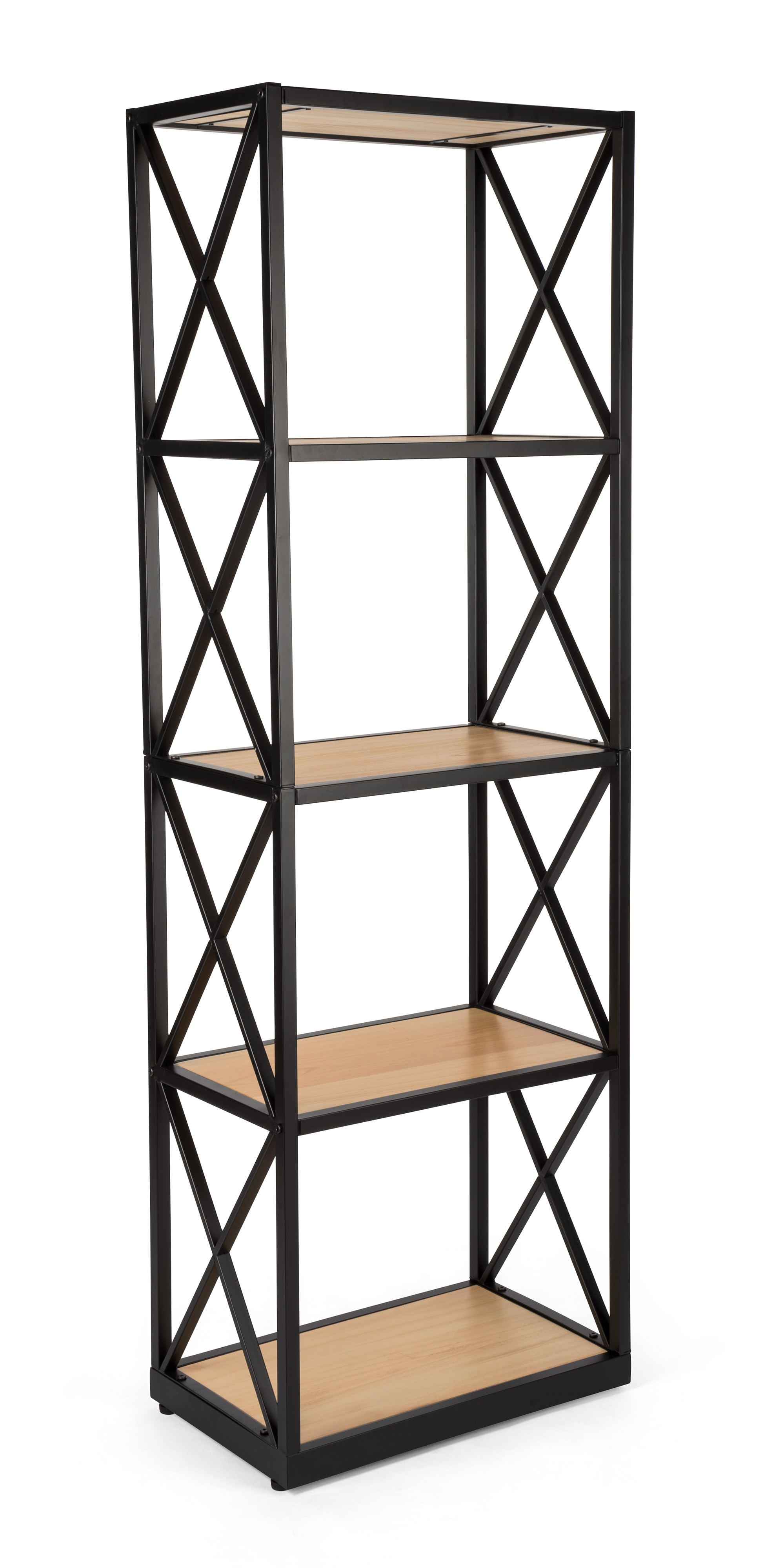 Tall Steel Frame X-Sided Shelving Unit with 5 Solid Wood Tiers - Natural - Image 2