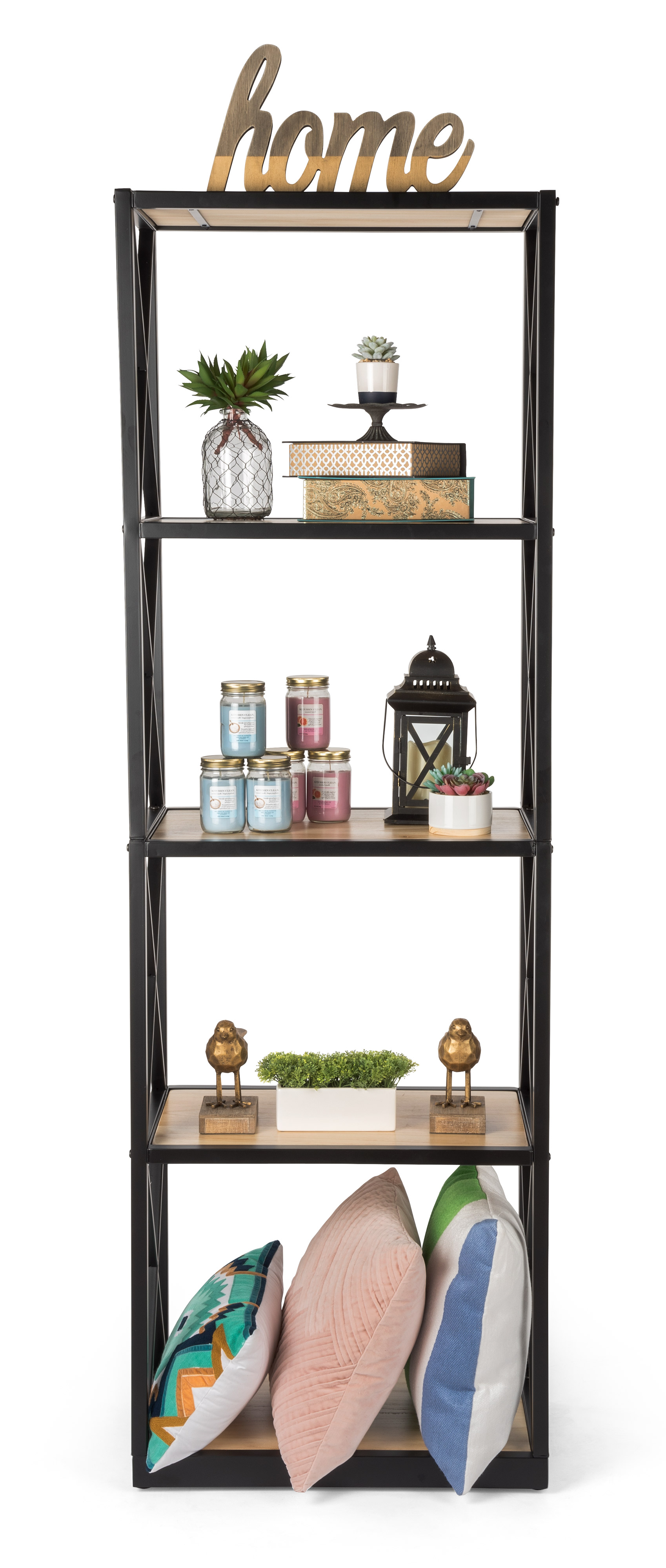 Tall Steel Frame X-Sided Shelving Unit with 5 Solid Wood Tiers - Natural - Image 3