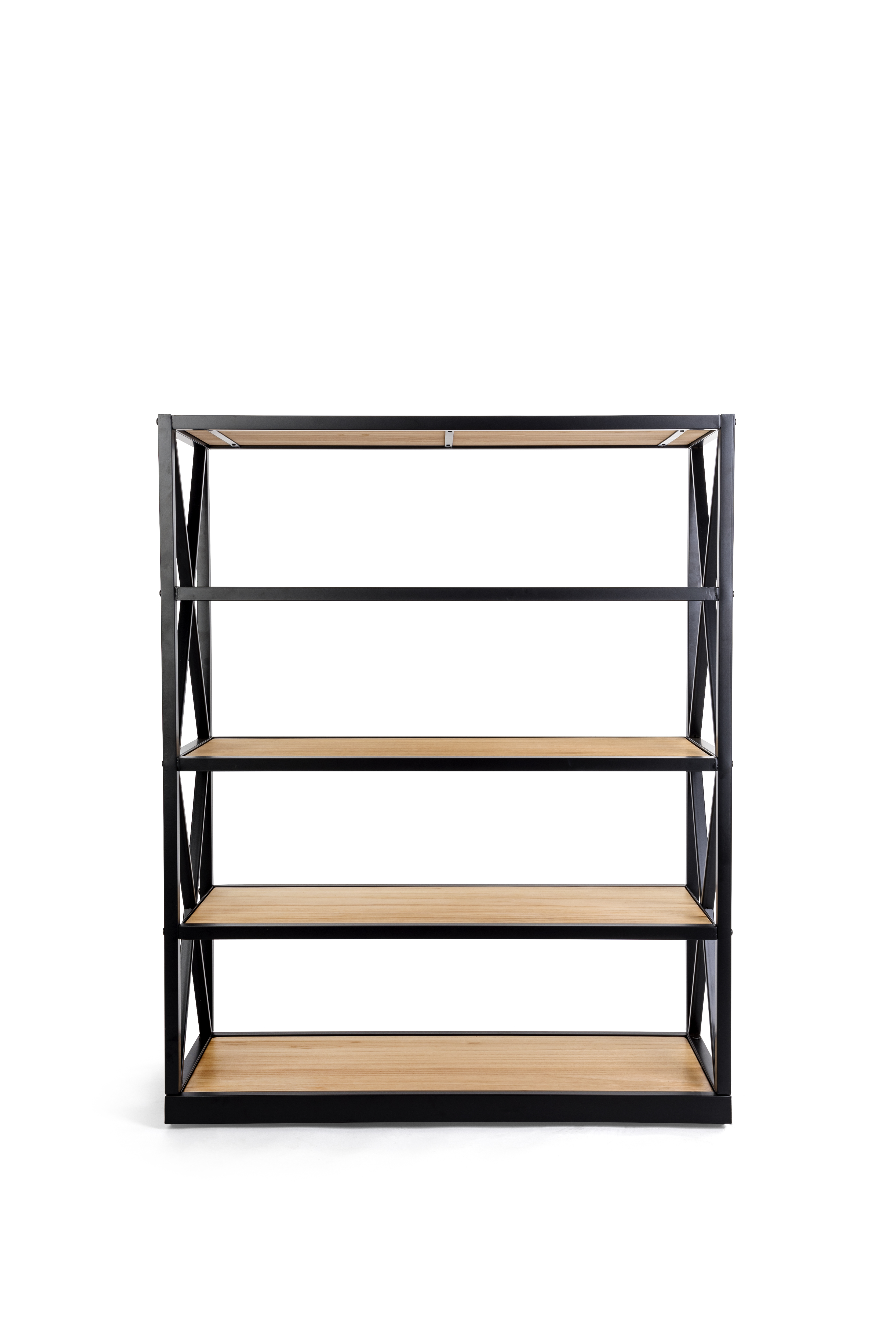 Steel Frame X-Sided Shelving Unit with 5 Solid Wood Tiers, Open Back - Natural - Image 2