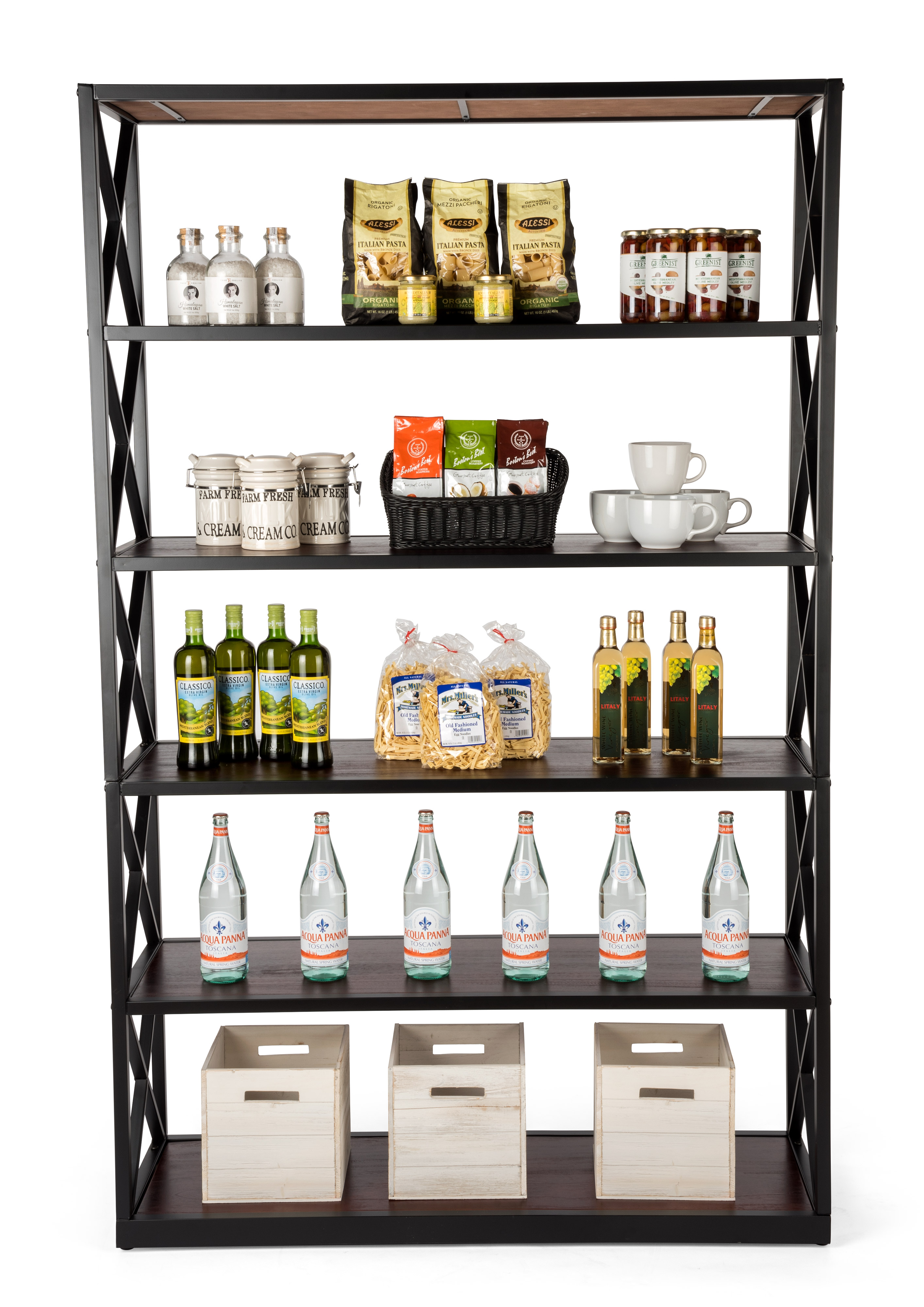 Steel Frame X-Sided Shelving Unit w/ 6 Solid Wood Tiers - Dark Brown - Image 3