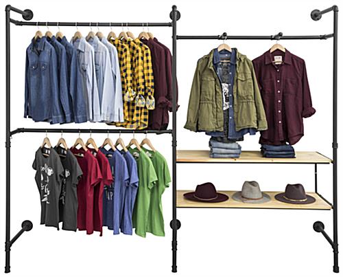 Double Pipe Outrigger Wall Display Showcasing Shirts and Hats