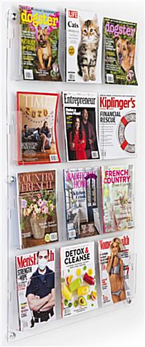 29 inch x 47.5 inch wall mounted acrylic literature display with 12 clear pocket dividers for magazines