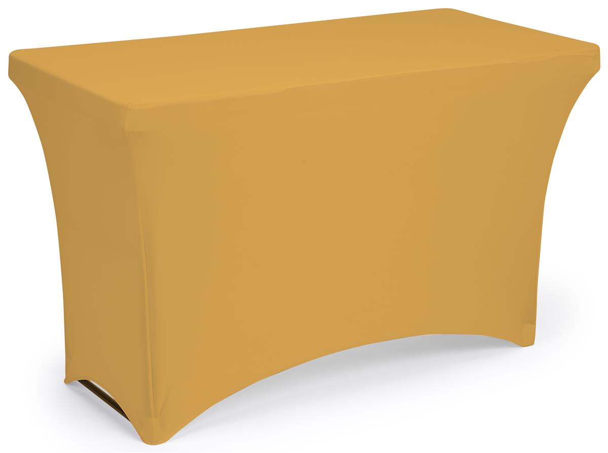 Gold stretch table cloth with fire retardant design