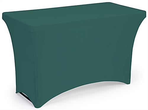 Forest green stretch table cloth is machine washable 
