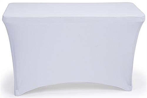 White stretch table cloth measures 29 inches wide by 48 inches long