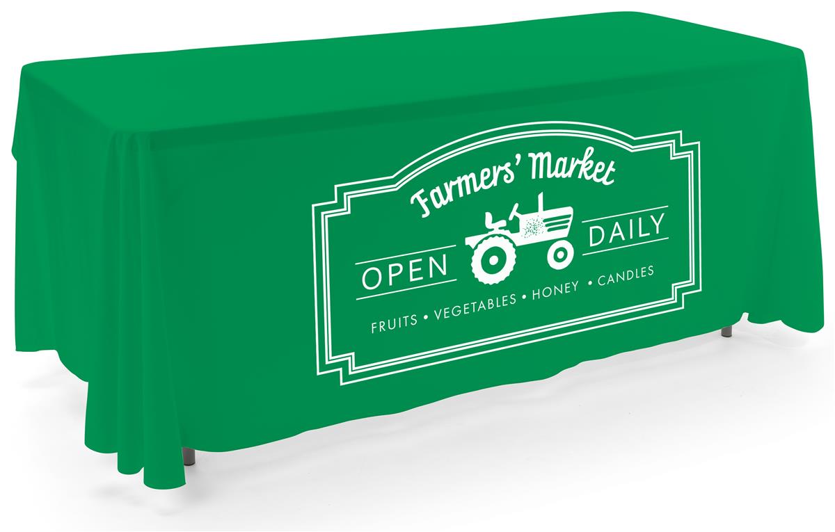 Kelly green open back tablecloth with heat transferred vinyl